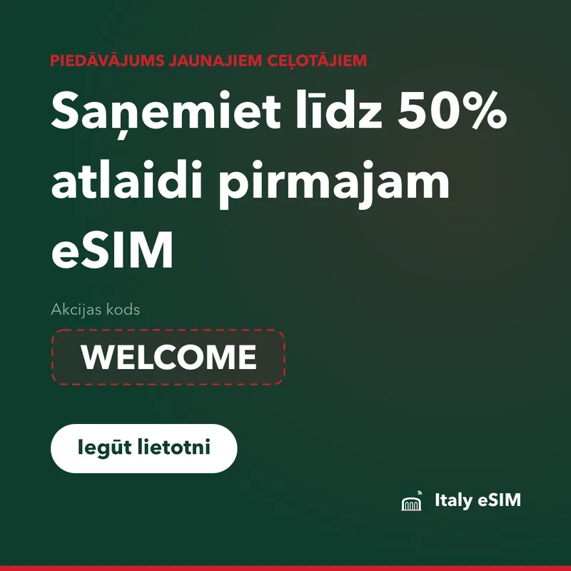 Italy eSIM Akcijas Kods WELCOME — 15% Atlaide